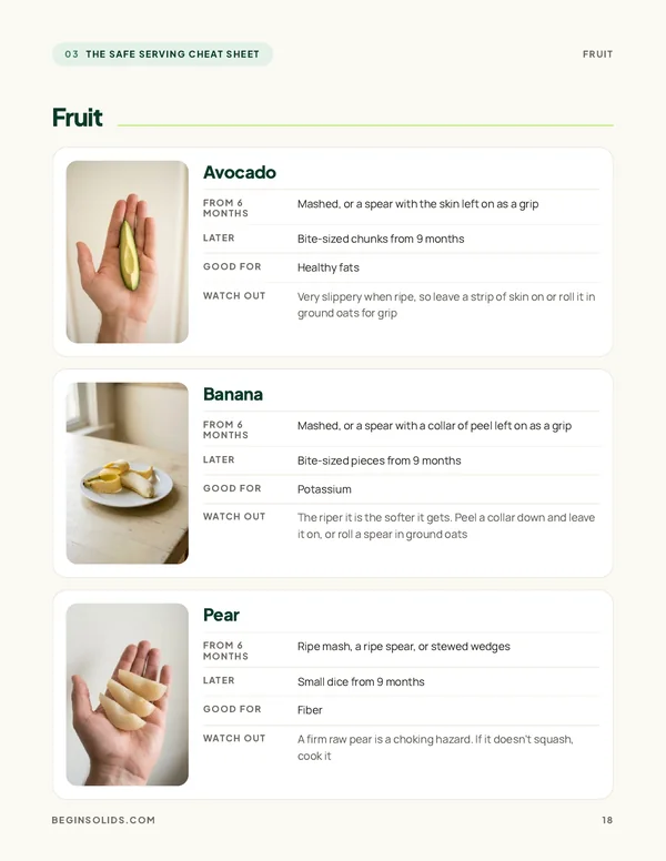 The fruit page of the guide, showing how to serve avocado, banana and pear from 6 months