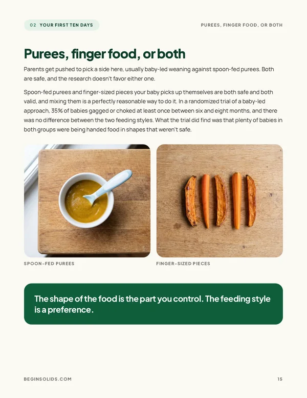 A guide page on purées and finger foods, with a bowl of purée and soft sweet potato wedges