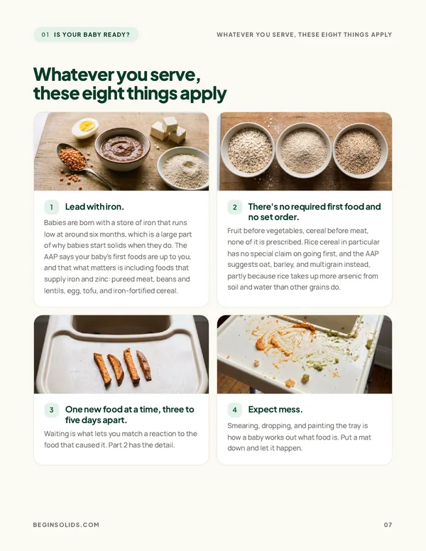 A guide page on what to serve first, with photos of iron-rich foods, grains and first finger foods