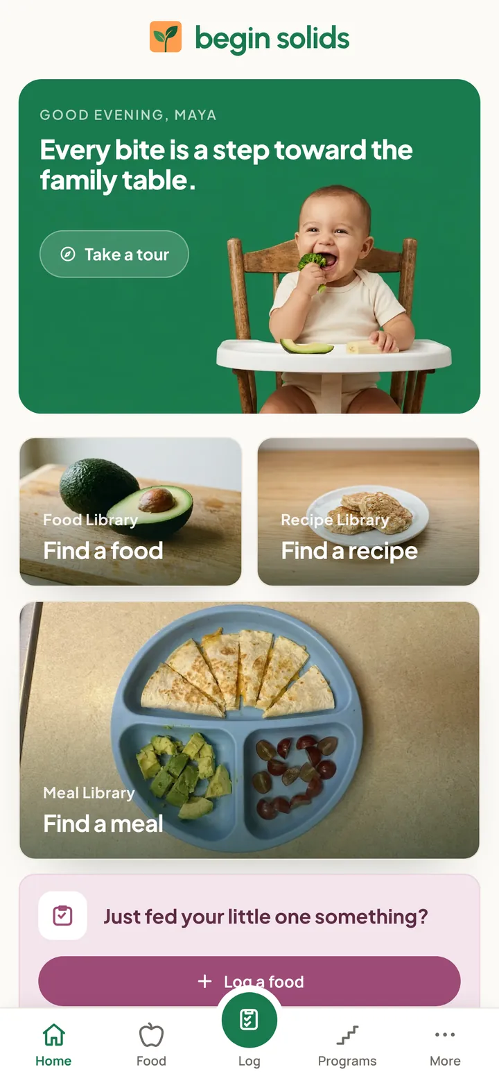 The Begin Solids home screen