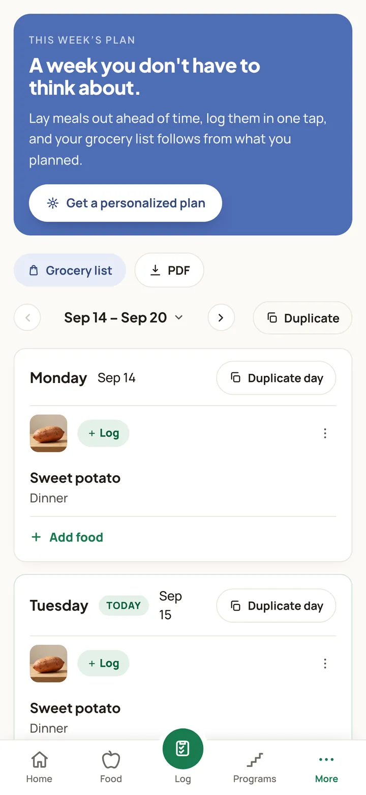The weekly meal plan